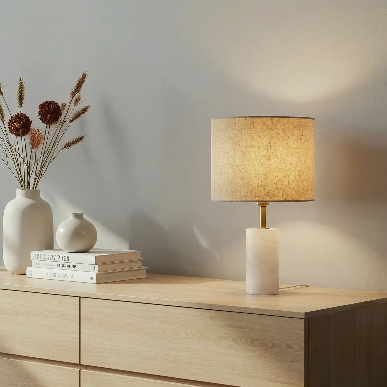 Lindby bordlampe Alabaster med marmorfot og tekstilskjerm i hvitt og beige