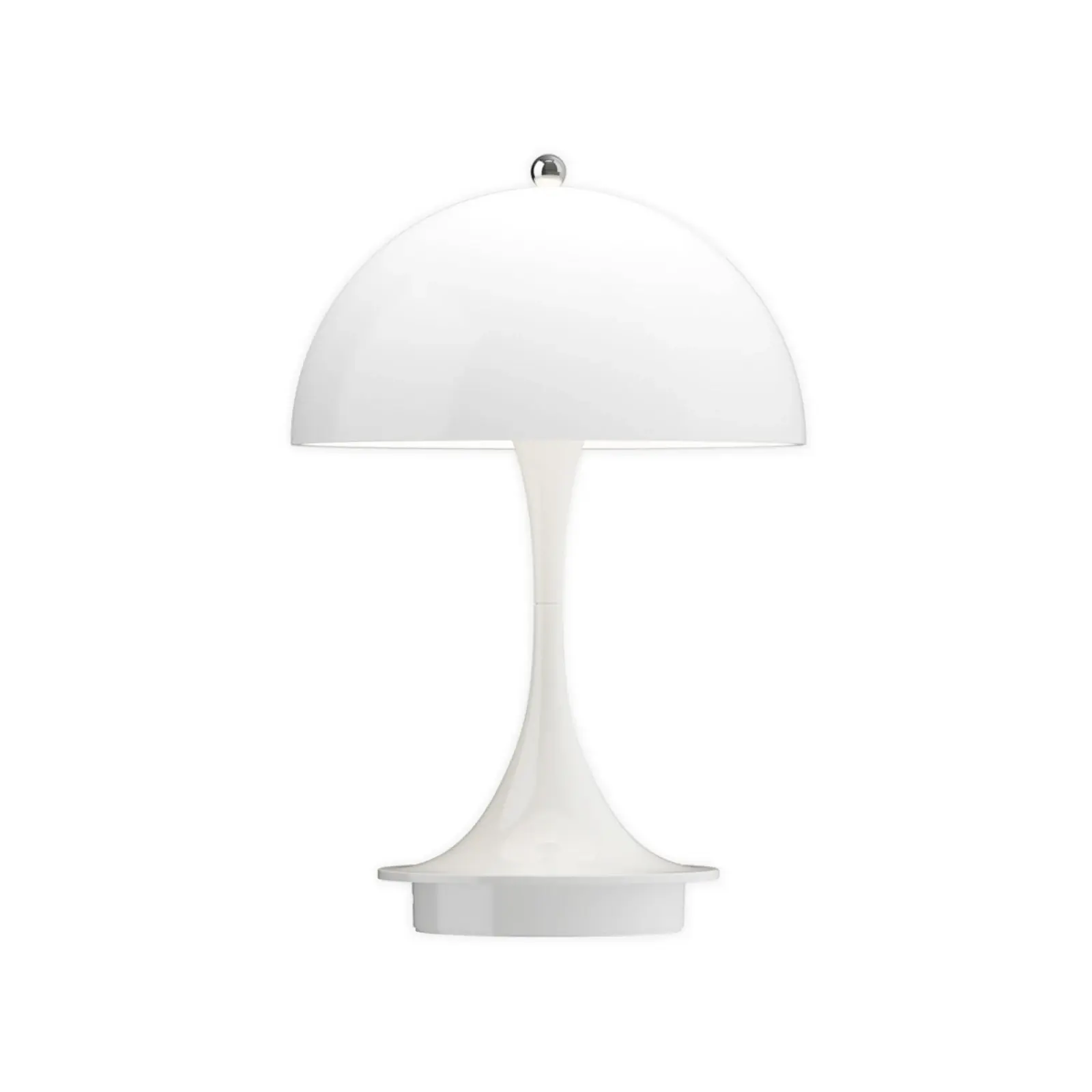 Louis Poulsen Panthella Portable 160 i opalhvit, batteridrevet trompetformet bordlampe